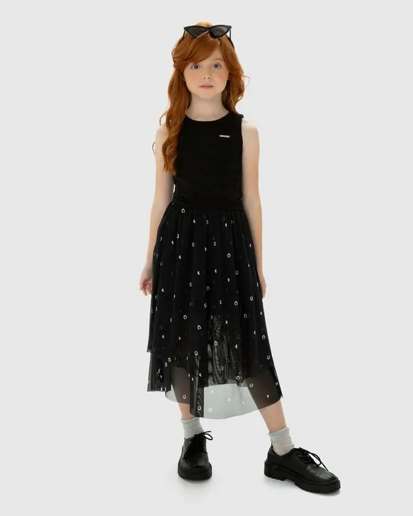 Conjunto Menina Blusa E Saia Midi Em Tule - Carinhoso Preto - 10