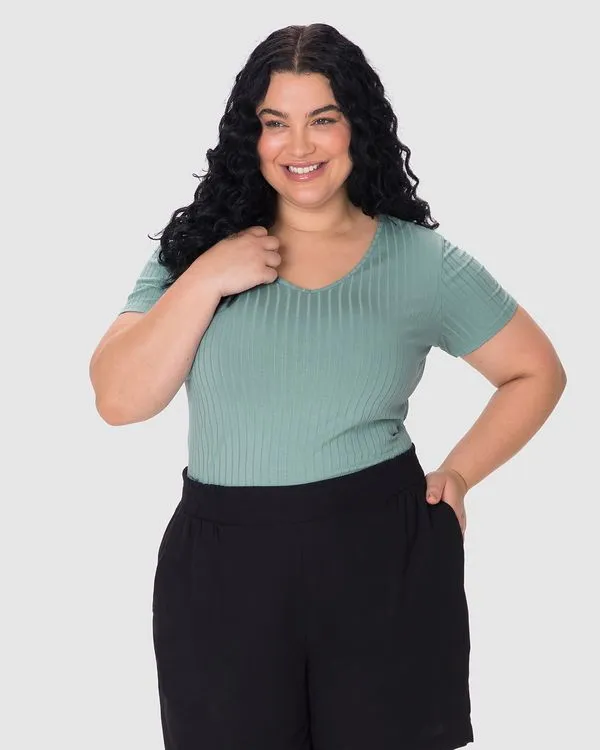 Blusa Básica Feminina Plus Size Decote V Em Canelado De Viscose Azul - G1