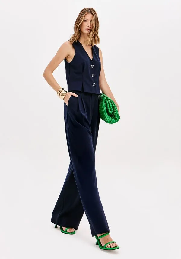 Calça Reta Cintura Alta Com Bolsos Azul Marinho P