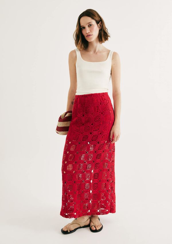 Saia Midi Cintura Média Em Crochê - Vermelho M