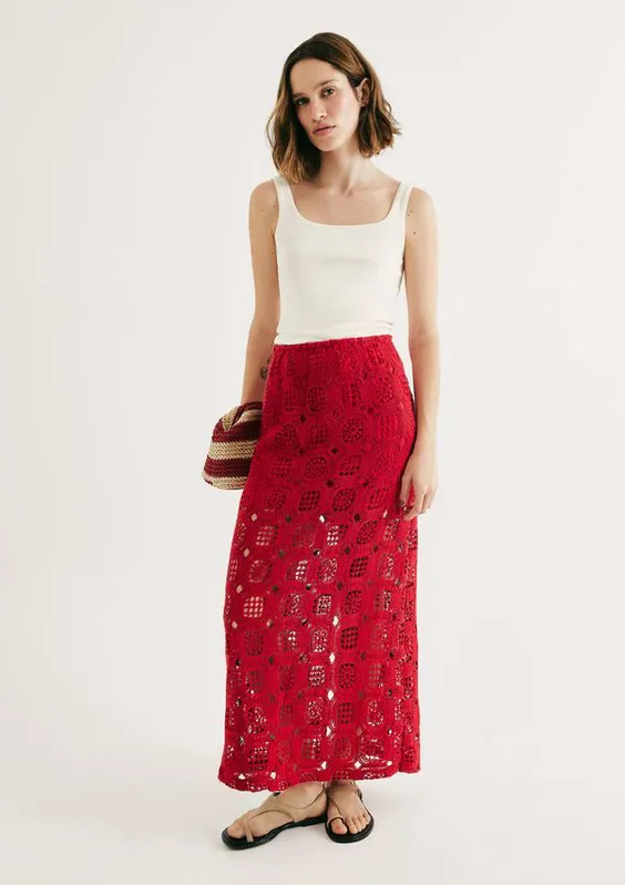 Saia Midi Cintura Média Em Crochê - Vermelho M