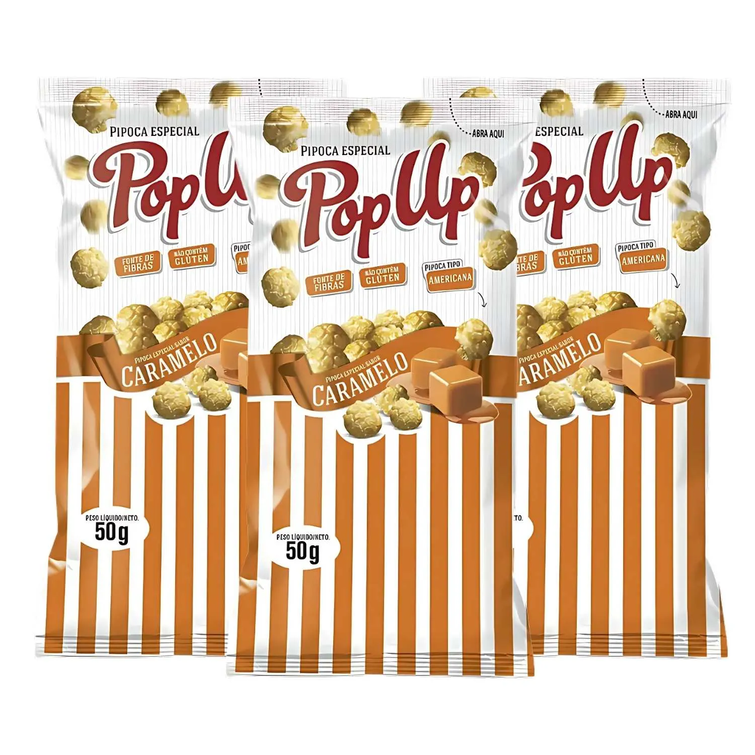 Kit Pipoca Doce Caramelo Sem Lactose Sem Glúten - PopUp 3 Unidades 50g