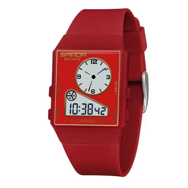 Relógio Eletrônico Multifuncional Masculino Quadrado 6338 Digital Vermelho Sanda Relógio Eletrônico Multifuncional Masculino 6338 Digital Vermelho Sanda