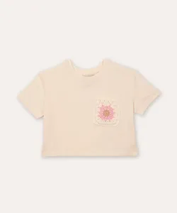 cropped infantil de algodão bolso floral bege 1