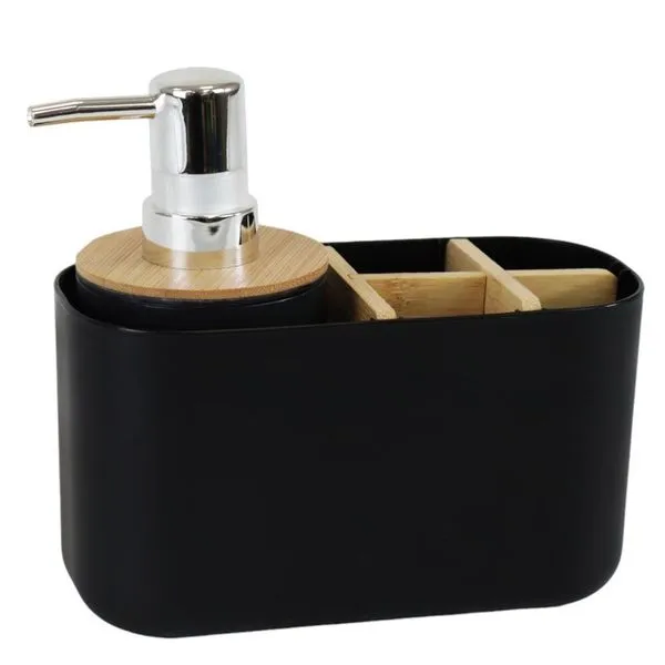 Organizador de Banheiro com Dispenser Pump 280ml e Porta Escova Bambu Preto Compacto Mood Organizador de Banheiro com Dispenser Pump 280ml e Porta Escova Bambu Preto Mood