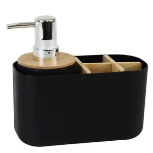 Organizador de Banheiro com Dispenser Pump 280ml e Porta Escova Bambu Preto Compacto Mood Organizador de Banheiro com Dispenser Pump 280ml e Porta Escova Bambu Preto Mood