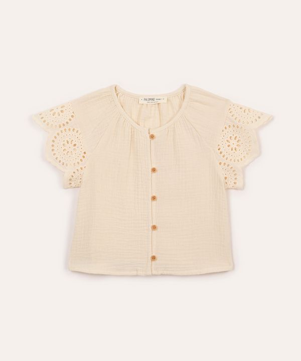 camisa de algodão infantil com laise floral bege 4