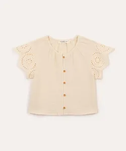 camisa de algodão infantil com laise floral bege 8