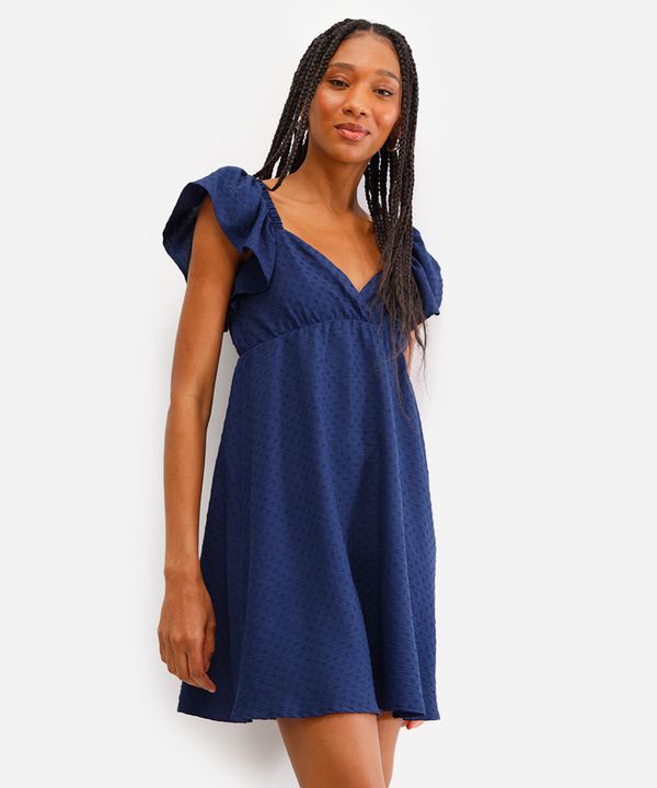 vestido curto feminino texturizado manga bufante azul P