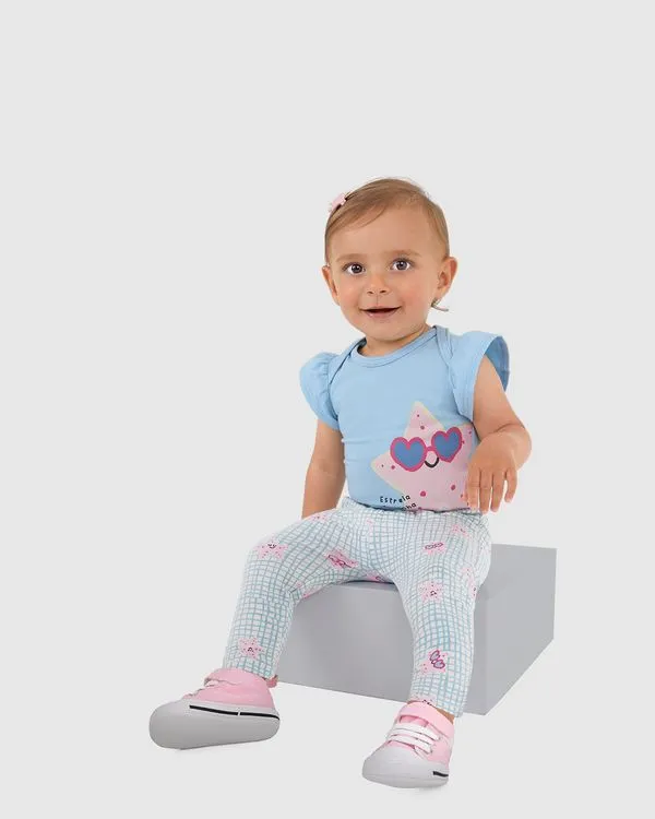 Conjunto Infantil Menina Body Estrela Fofinha + Calça Em Algodão Malwee Kids Azul - 24M