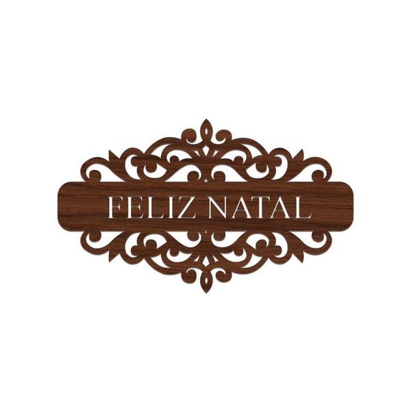 Placa Feliz Natal Com Arabesco 30cmx17cm - Cria Arte Laser Madeira Escuro