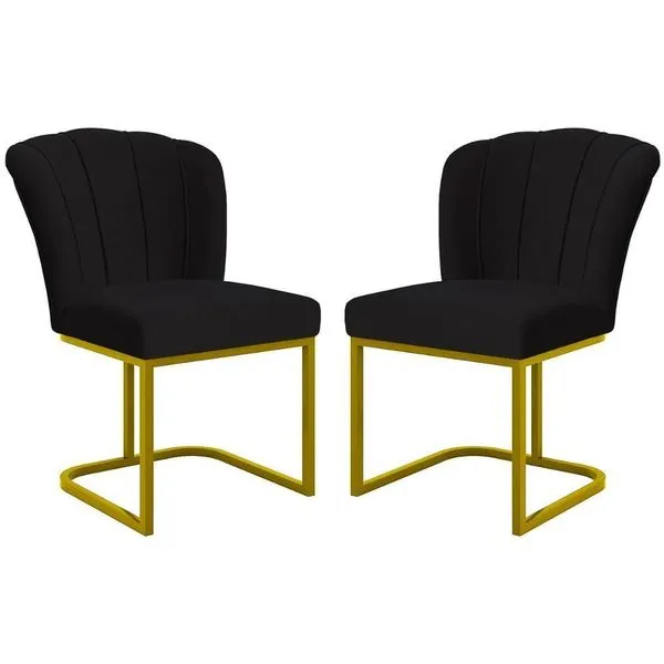 Kit 2 Cadeiras Poltrona Flor Pés Metal Dourado Mesa Quarto Cozinha Preto