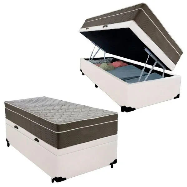 Cama Box Baú Solteiro Sintético + Colchão De Molas Ensacadas - - 88cm Branco