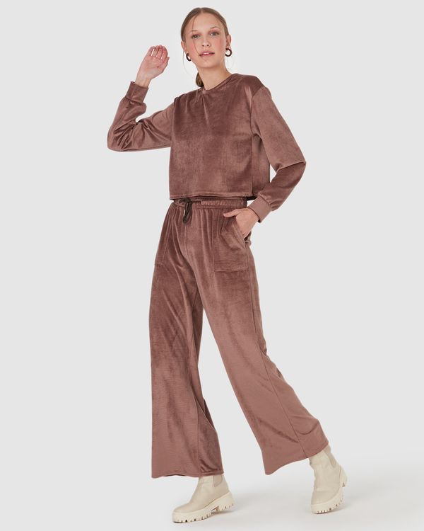 Calça Básica Feminina Wide Leg Em Veludo Canelado Marrom - G