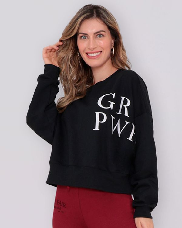 Blusão Feminino Cropped Moletom Girl Power Preta M