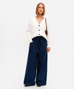 calça wide leg feminina de algodão cós elástico azul PP