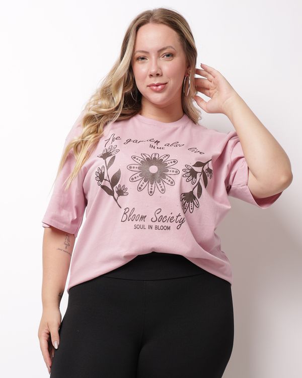 Camiseta Plus Size Feminina Algodão Estampa Floral Rosa G1