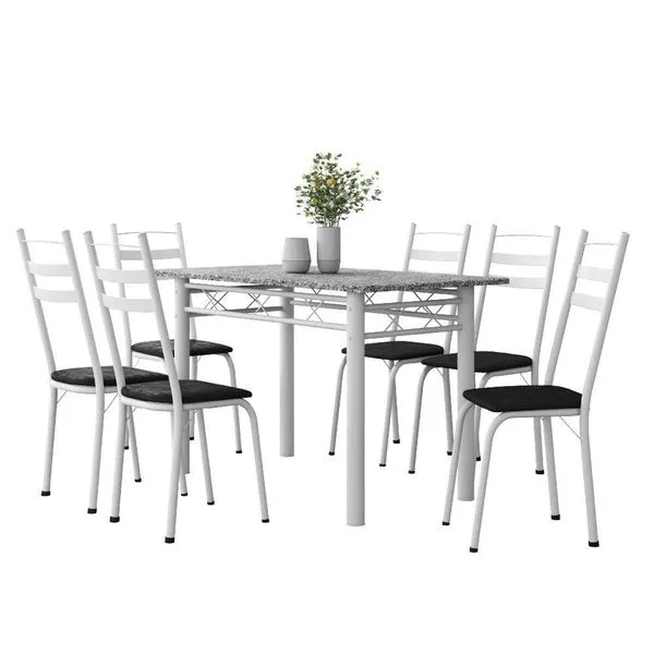 Conjunto De Mesa Sala De Jantar Leia Com 6 Cadeiras Tubular Granito 1,40m Artefamol Branco / Preto