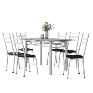 Conjunto De Mesa Sala De Jantar Leia Com 6 Cadeiras Tubular Granito 1,40m Artefamol Branco / Preto