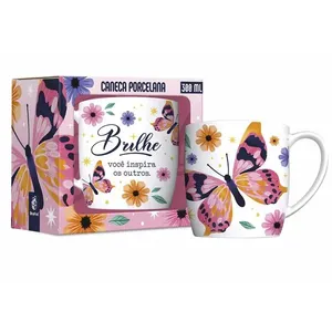 Caneca de Porcelana Urban 300ml Estampa Borboleta Com Flores Brilhe Você Inspira 15111 - Brasfoot
