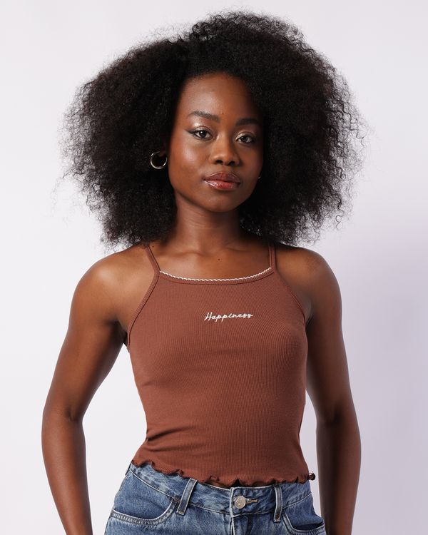 Blusa Feminina Alcinhas Canelada com Bordado Marrom M