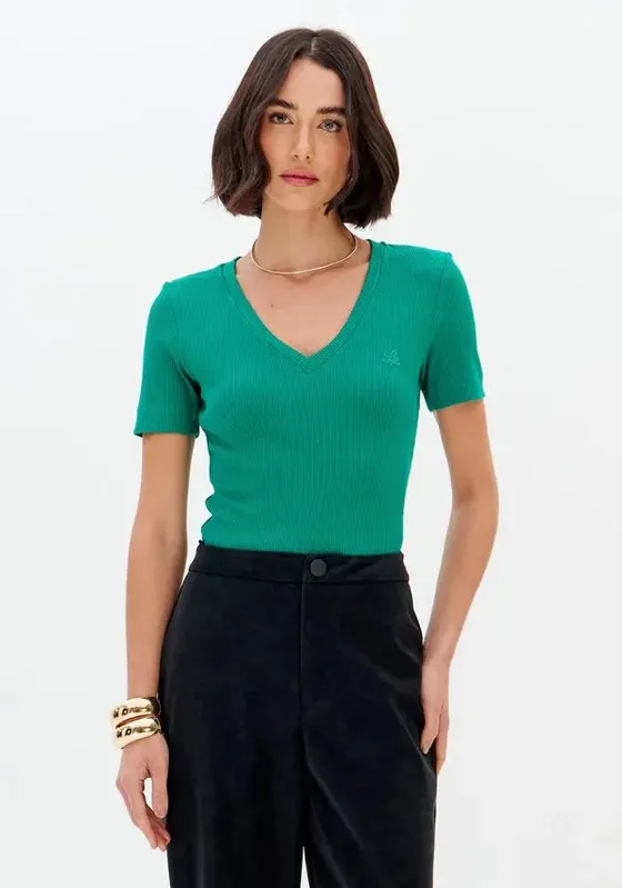 Blusa Canelada Manga Curta Com Decote V Verde P