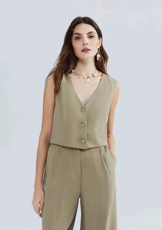 Colete Feminino Cropped Em Viscose - Caqui M