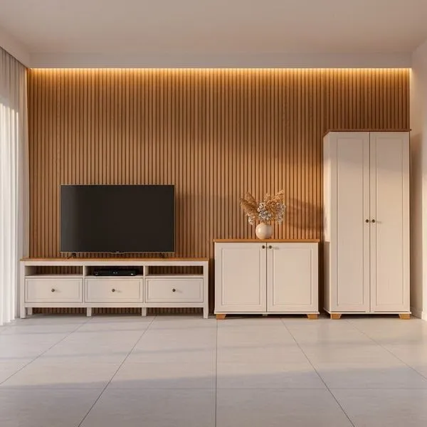 Conjunto de Sala com Rack, Estante e 1 Armário Madeira Maciça Ananda CabeCasa MadeiraOriginals Branco Off White/Mel Off White/Mel