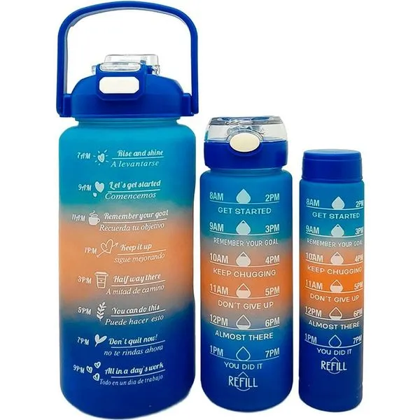 Garrafa para Água Kit 3 Peças Treino Academia com Frases Motivacionais Bpa Free 2L 900ml 300ml Azul e Laranja Garrafa para Água Kit 3 Peças Treino Academia com Frases Motivacionais 2L 900ml 300ml Azul e Laranja
