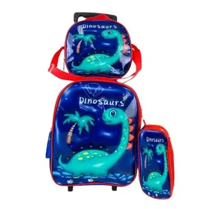 Mochila Infantil Com Rodinhas Kit Bolsa Estojo E Lancheira Escolar Carrinho Impermeavel Dinossauro