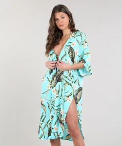 Kimono Feminino Longo Estampado Floral Com Fendas Verde Água Único