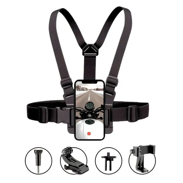 Kit Suporte de Peito Shoot para Smartphone e Câmera de Ação com Adaptador J-Hook e Ajuste em Cinco Pontos Kit Suporte de Peito Shoot para Smartphone e Câmera de Ação com Adaptador J-Hook