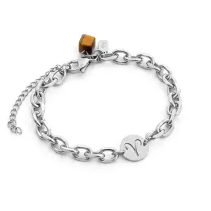 Pulseira de Signo Áries de Aço e Pedra Natural Olho de Tigre Marrom Prateado Ajustável