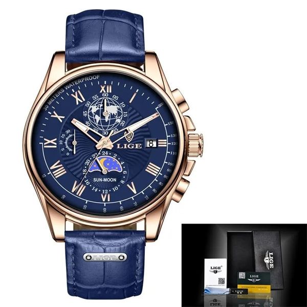 Relógio De Pulso De Couro Militar Masculino Cronógrafo Ouro azul