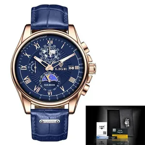 Relógio De Pulso De Couro Militar Masculino Cronógrafo Ouro azul