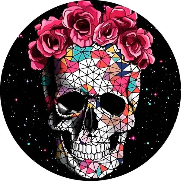 Painel Halloween Redondo Caveira Mexicana Tecido Premium Com Elástico Preto e Rosa
