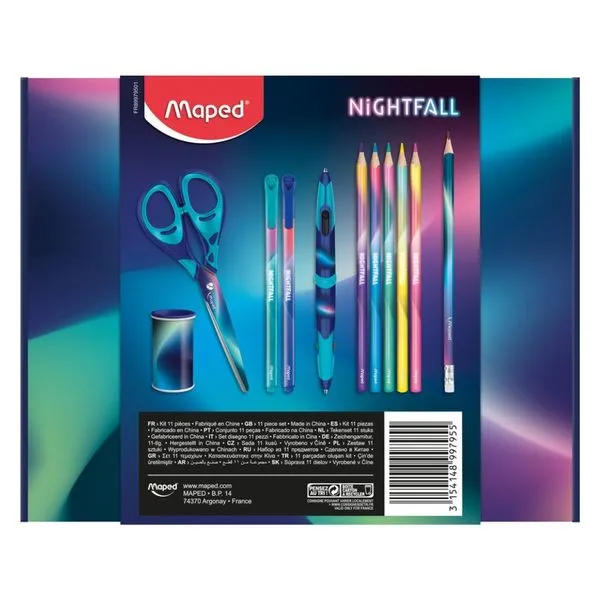 Kit Multiprodutos Escolares Maped Nightfall 11 Peças com Apontador, Tesoura 16 cm, Lápis Grafite, Canetas Hidrográficas Kit Multiprodutos Escolares Maped Nightfall 11 Peças com Apontador, Tesoura 16 cm, Lápis Grafite
