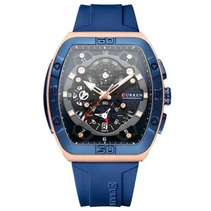 Relógio Cronógrafo Masculino Tonneau Design com Pulseira Esportiva de Silicone Azul Escuro Curren Relógio Masculino Tonneau Cronógrafo com Pulseira Esportiva de Silicone Azul Escuro Curren