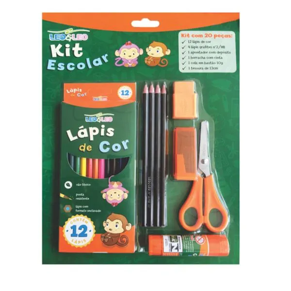 Kit Material Escolar Infantil Com 20 Peças Pintura Lápis de Cor Apontador e Borracha Laranja