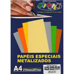Papel Metalizado A4 Off Paper 150 g-m2 150 Gramas C 15 Folhas Formato 210x297mm Bloco Dourado Papel Metalizado A4 Off Paper 150 g-m² 150 Gramas C 15 Folhas Dourado