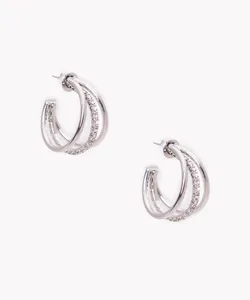 brinco argola tripla com strass prateado Único
