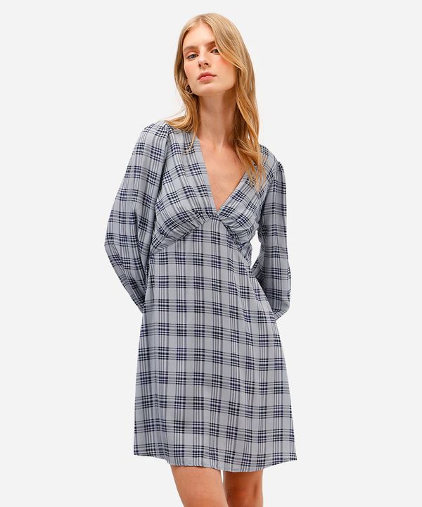 vestido curto feminino de viscose manga longa xadrez azul PP