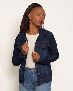 Jaqueta Jeans Feminina Manga Longa Com Bolso Azul G