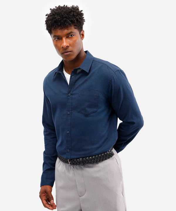 camisa comfort com linho manga longa azul marinho P