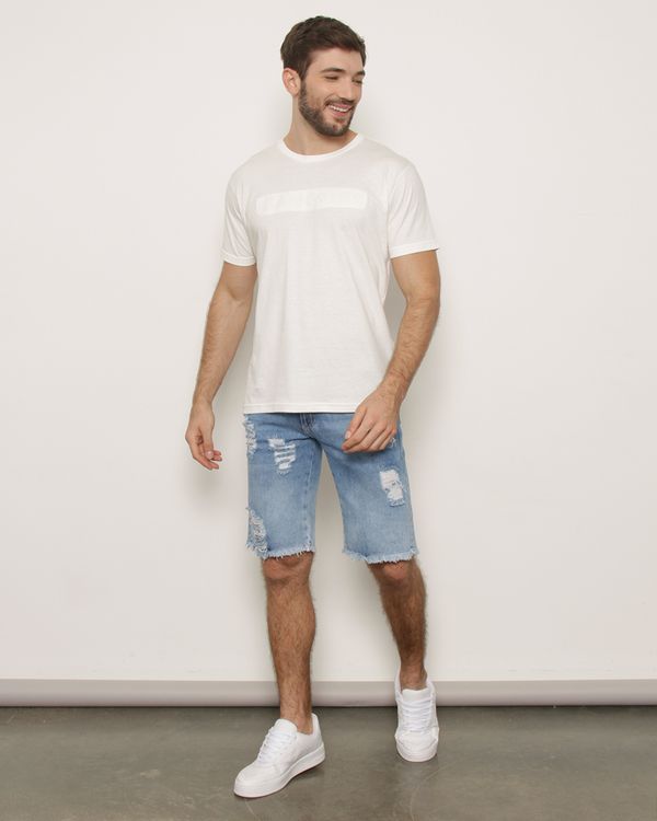Bermuda Jeans Masculina Reta Destroyed Barra Desfiada Azul 48