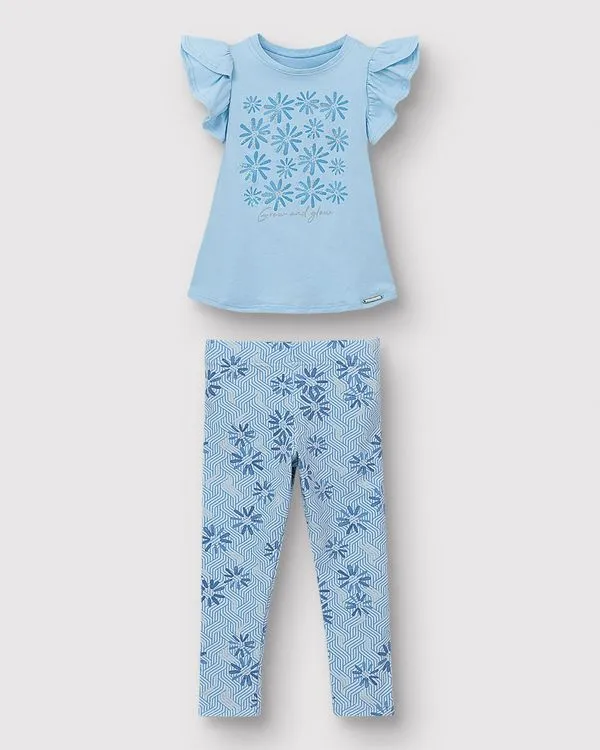 Conjunto Menina Blusa + Calça Estampa Com Metalizado Em Algodão - Carinhoso Azul - 8