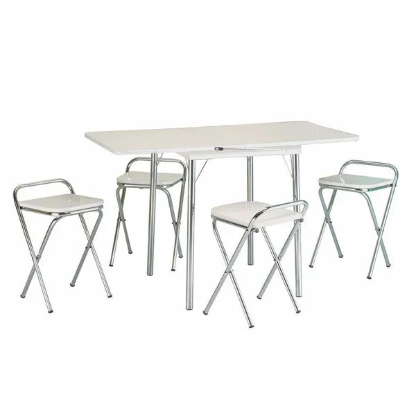 Conjunto de Mesa Flor Retangular Dobrável Branco e Cromado 4 Banquetas Dobráveis - Criativa