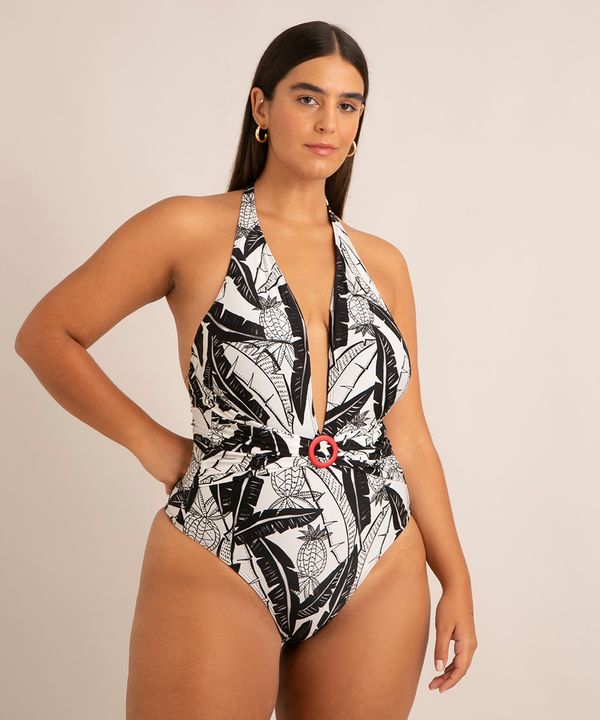 maiô frente única estampado folhagem com bojo proteção uv50+ branco M