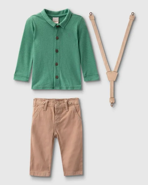 Conjunto Menino Camisa E Calça Com Suspensório Removível - Carinhoso Verde - 3