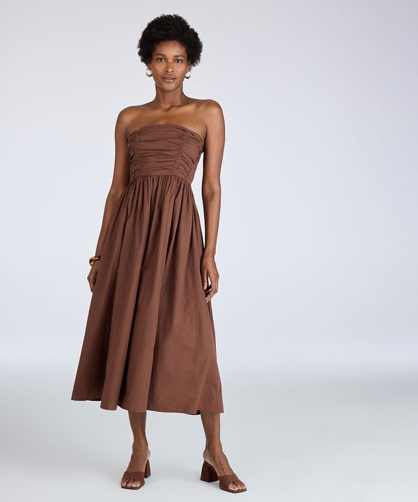 vestido midi feminino sem alça com pregas marrom PP